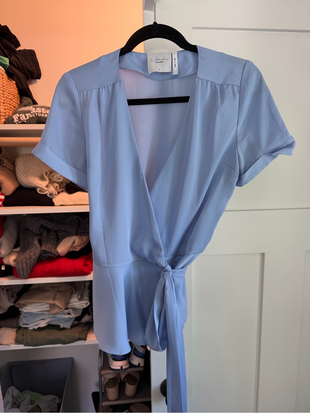 L'Academie Light Blue Tie-Front Wrap Blouse